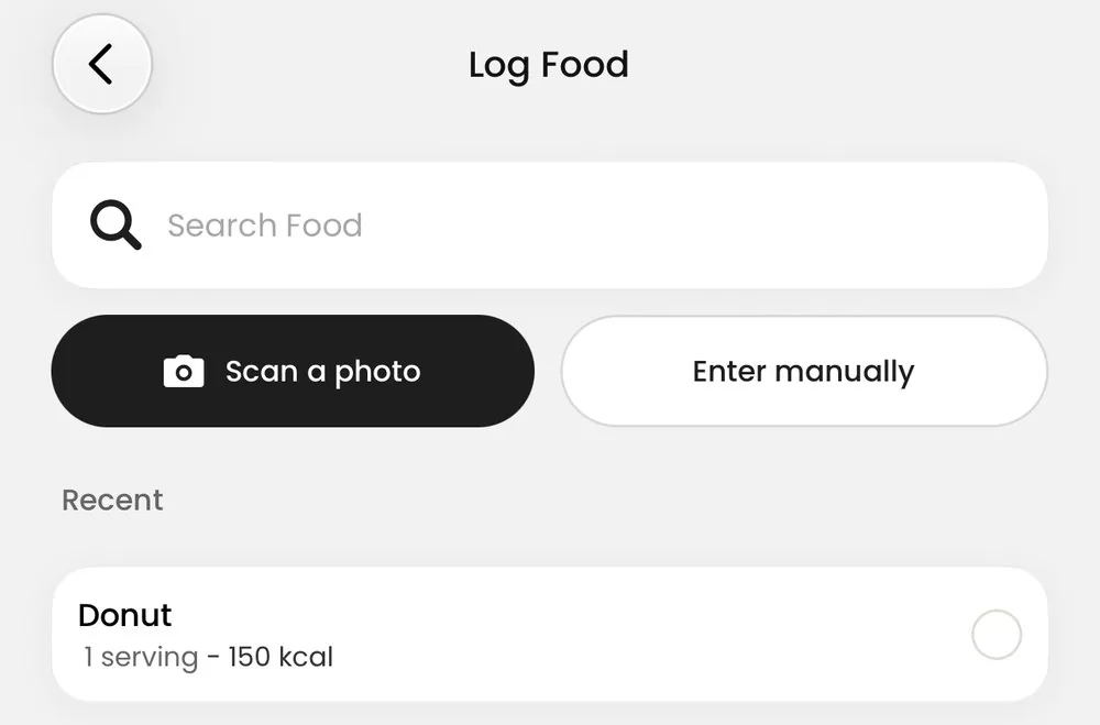 Log Food screen with food search, Scan a photo and Enter manually options, and a recent food